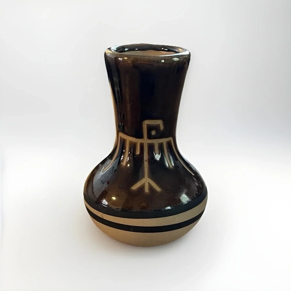 Vintage Southwestern Stoneware Bud Vase‎ Ivory Brown 6